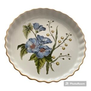 Spode Stafford Flowers Sida & Acacia Quiche Flan Pie Dish Gold Rim England